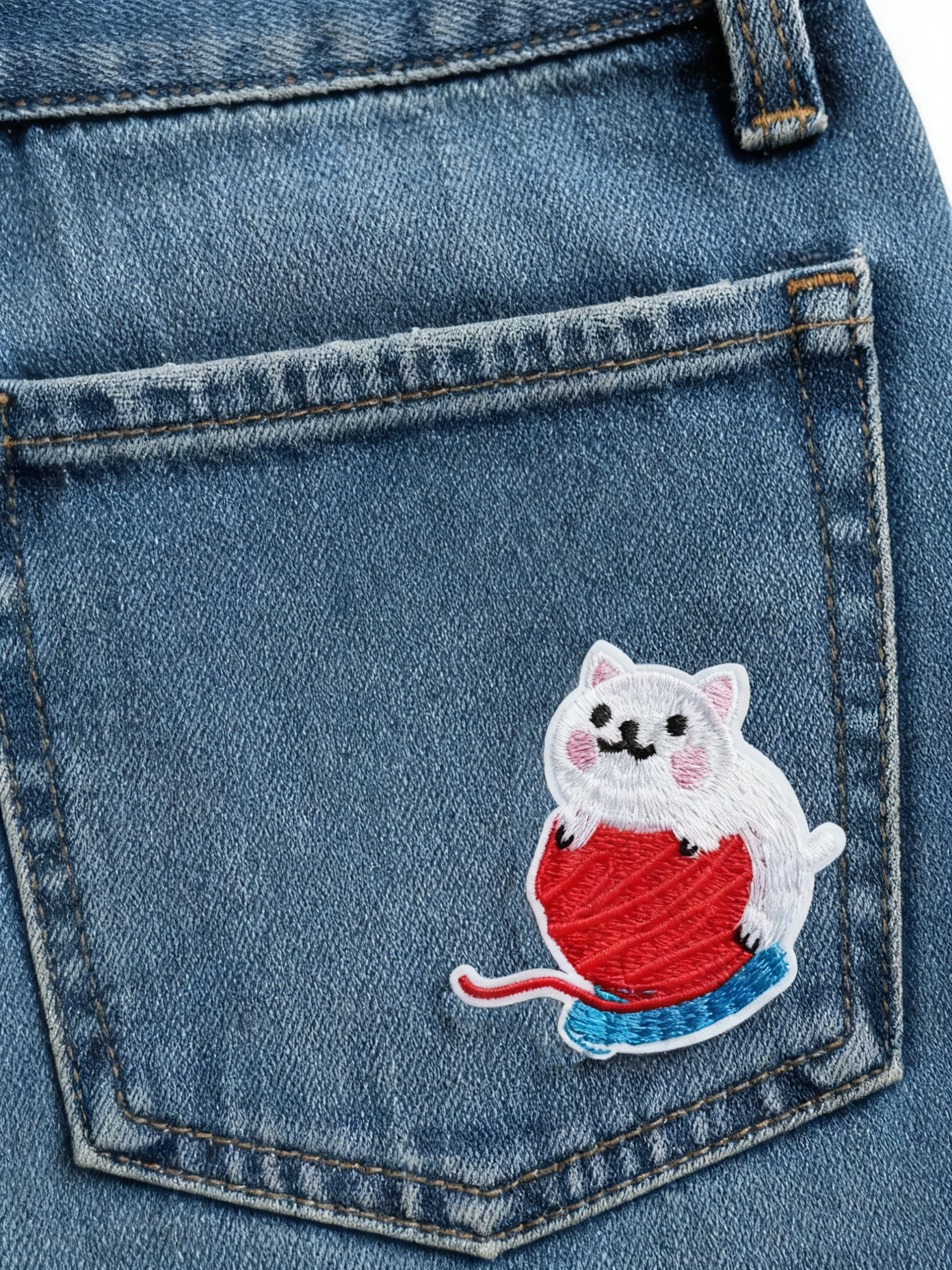 Cute White Knitting Cat Iron-On Embroidered Patch