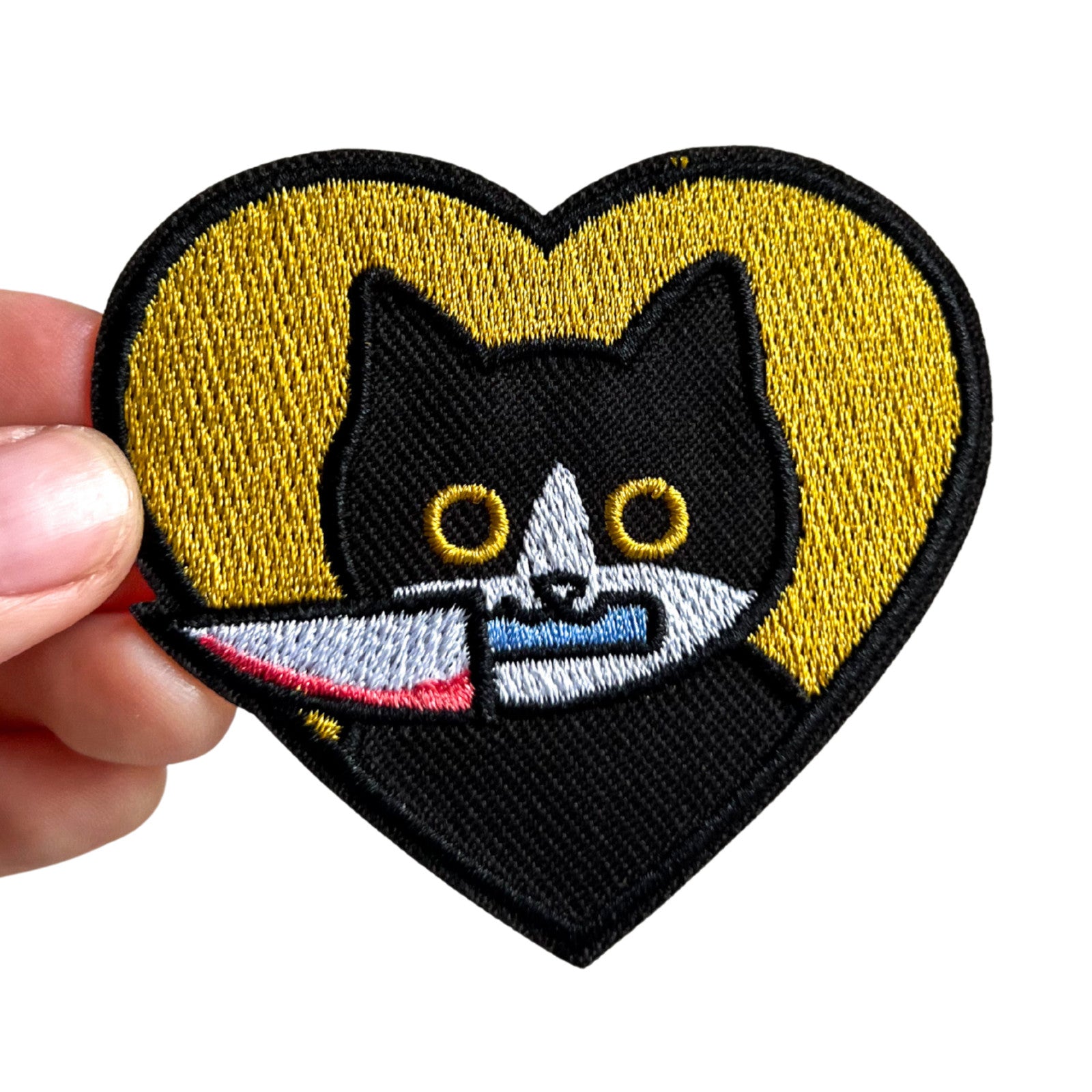 lustige schwarze Katze mit Messer Aufnäher Bügelbild Aufbügler Applikation Patch